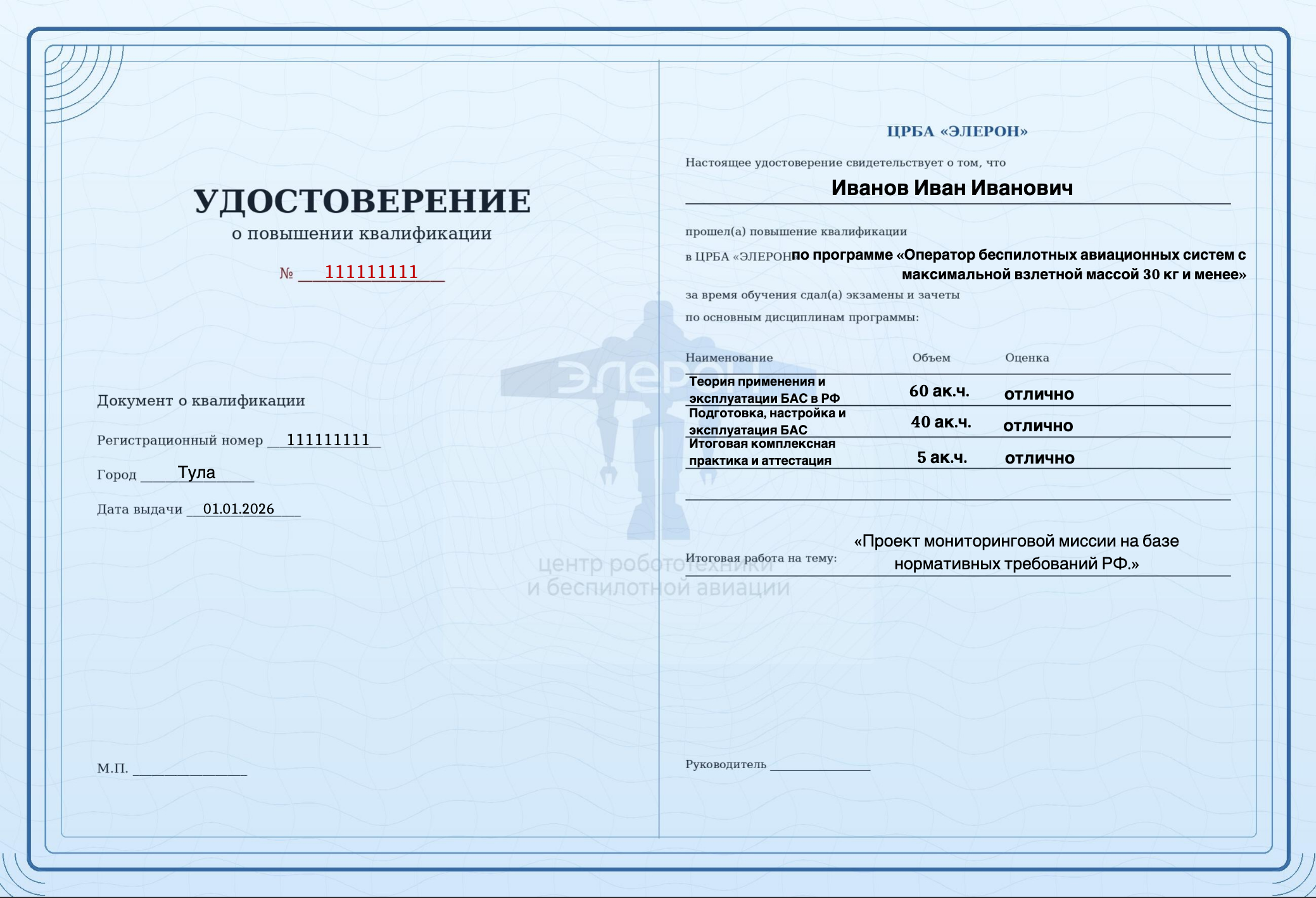 Образец удостоверения о повышении квалификации Элерон